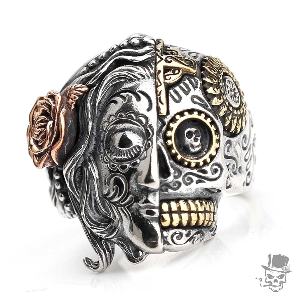 Half Skull And Half Human Face With Rose And Sunflower 925 Sterling Silver Ring Ebay