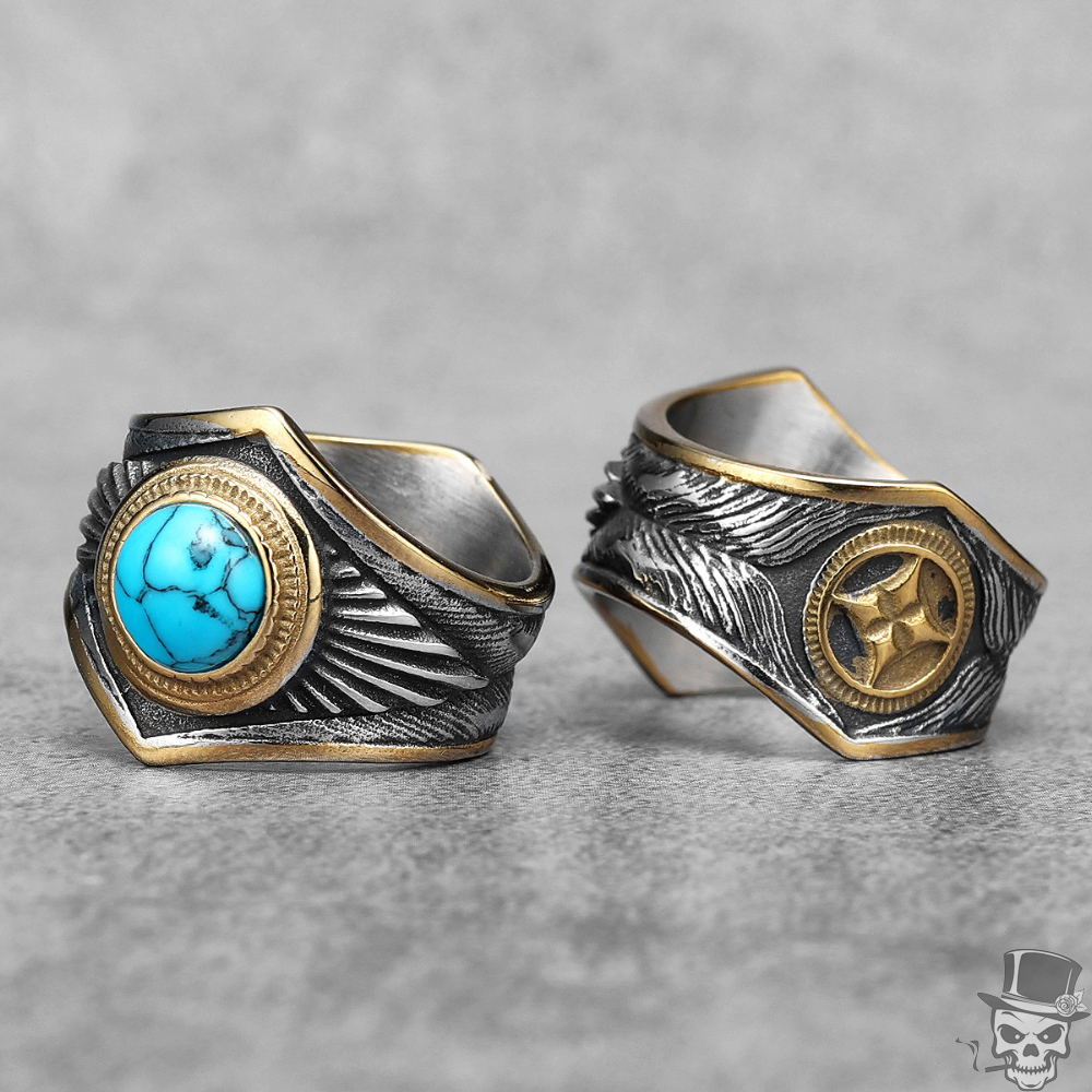 Anello Unisex In Pietra Naturale Occhio Di Tigre E Turchese - Design Retrò Intarsiato, Fatto A Mano, Fascia Regolabile - 2